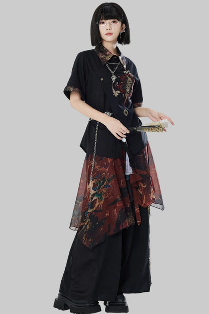Embroidered Cotton Linen Patchwork Shirt+Pants