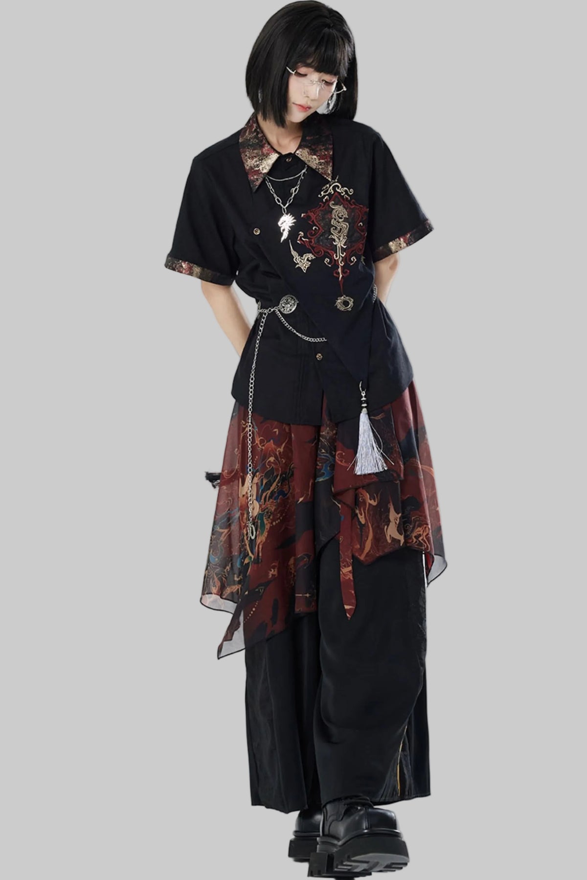 Embroidered Cotton Linen Patchwork Shirt+Pants