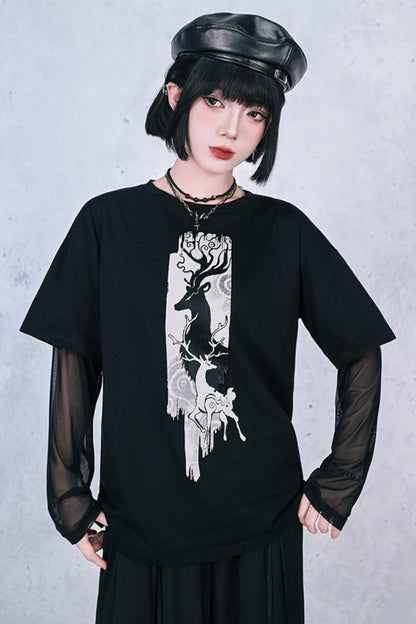 鹿プリントシアースリーブレイヤードTシャツ