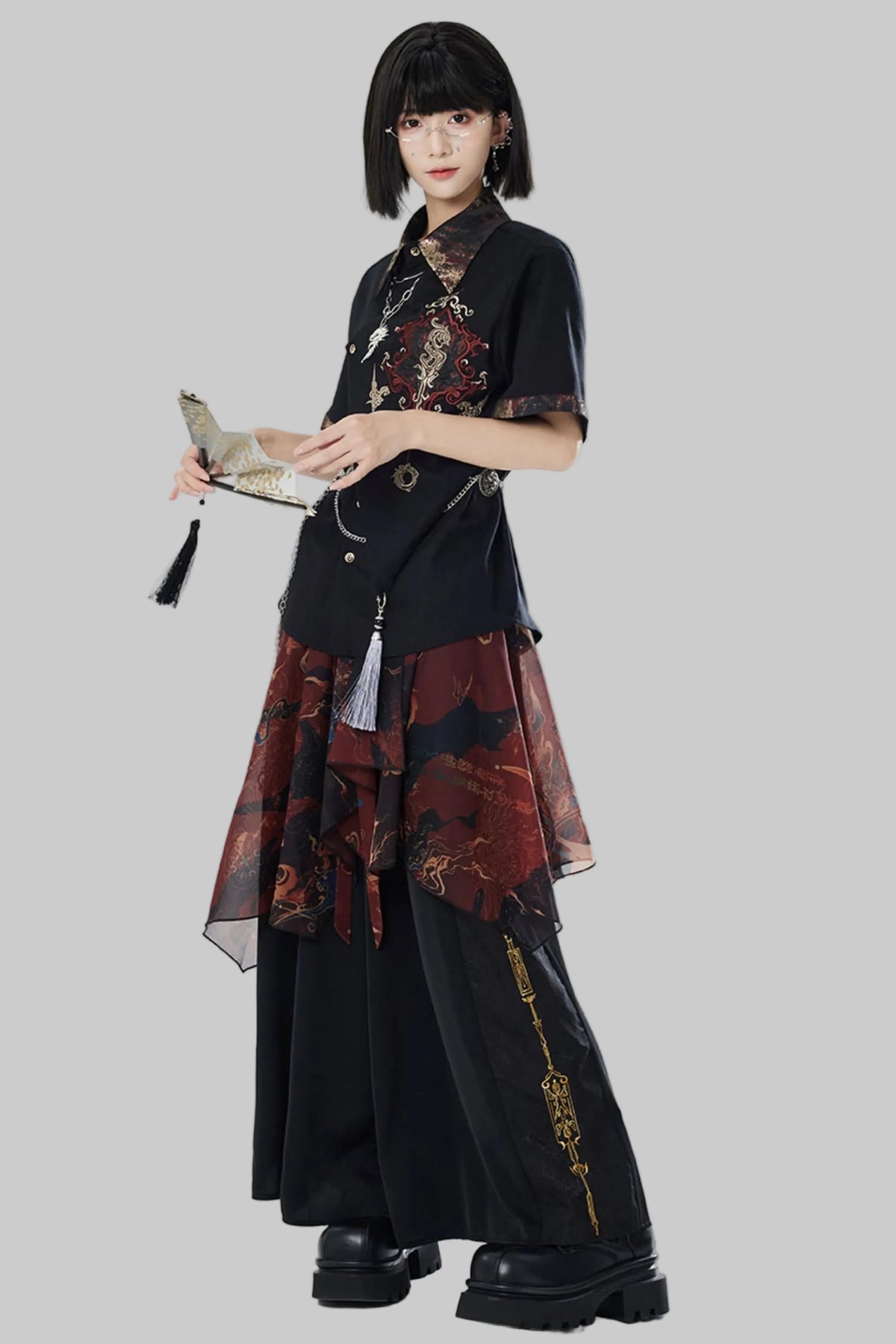 Embroidered Cotton Linen Patchwork Shirt+Pants