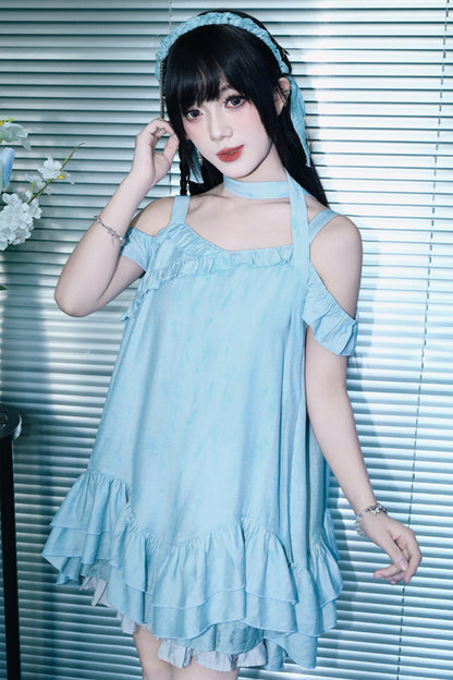 ガーリーブルーフリルオフショルワンピース