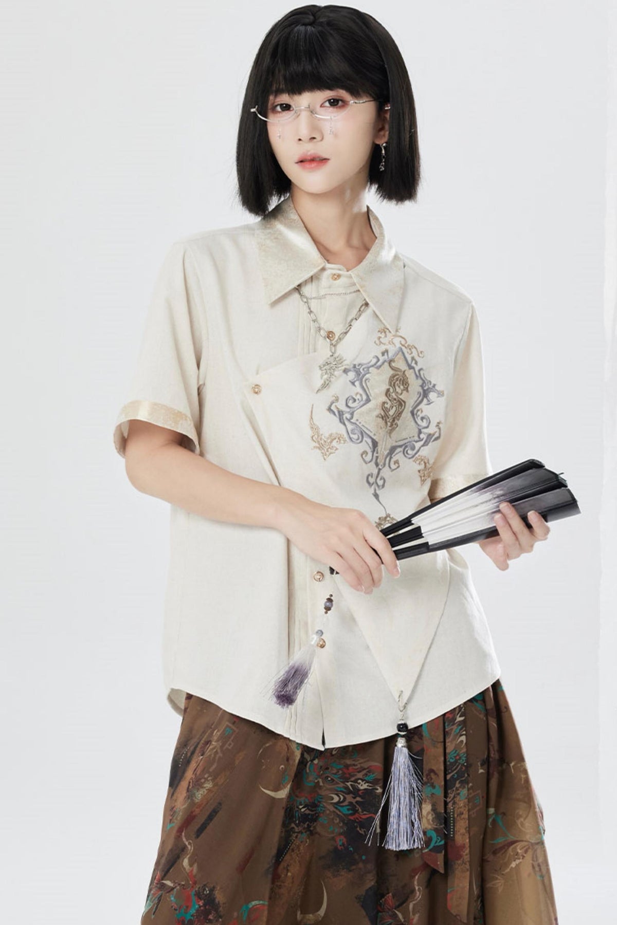 Embroidered Cotton Linen Patchwork Shirt+Pants