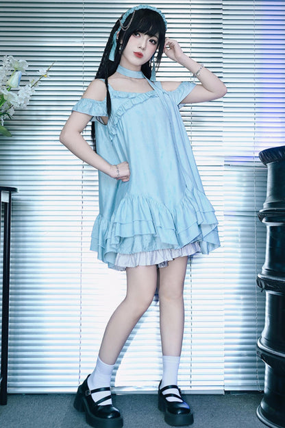 ガーリーブルーフリルオフショルワンピース