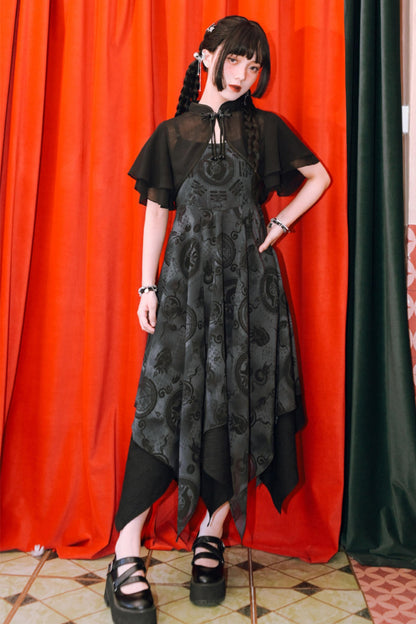 Japanisch-modernes asymmetrisches Maxikleid + transparenter Umhang im China-Stil
