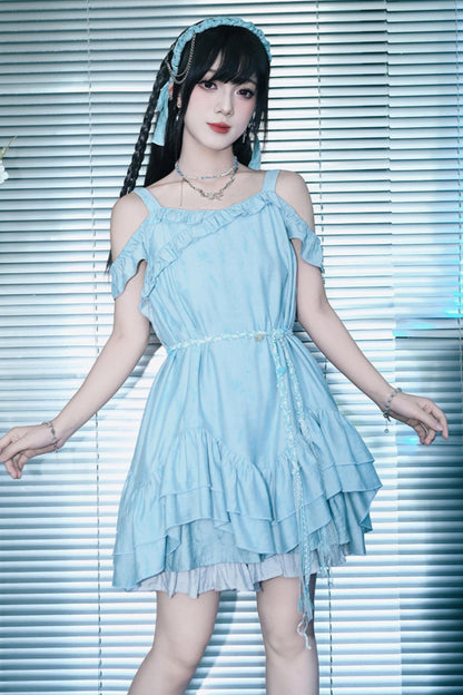 ガーリーブルーフリルオフショルワンピース