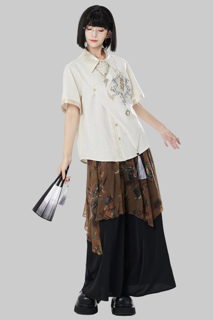 Embroidered Cotton Linen Patchwork Shirt+Pants