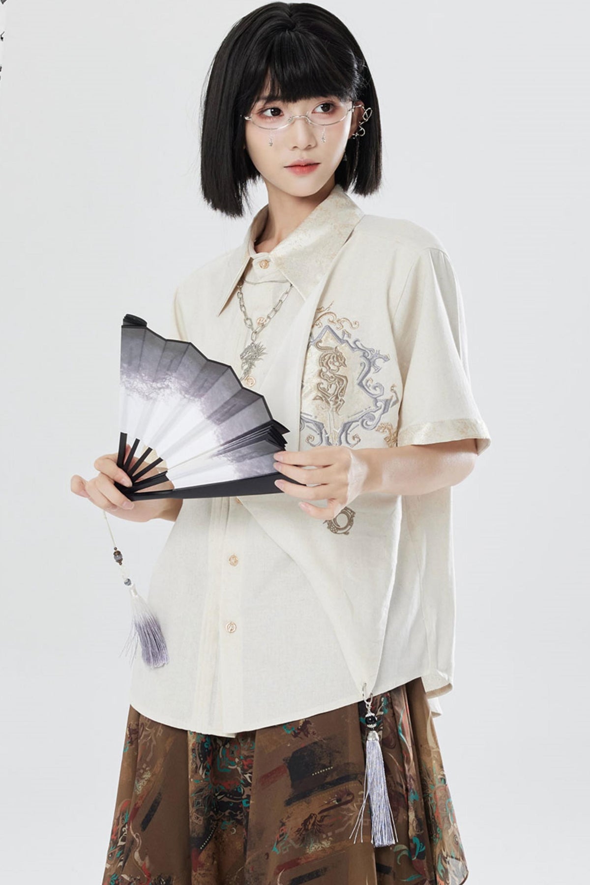 Embroidered Cotton Linen Patchwork Shirt+Pants