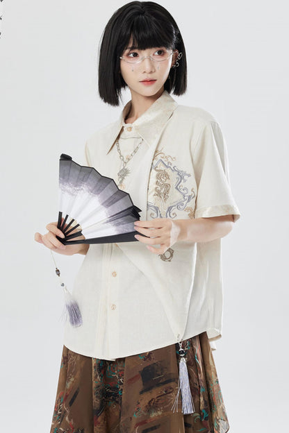 Embroidered Cotton Linen Patchwork Shirt+Pants