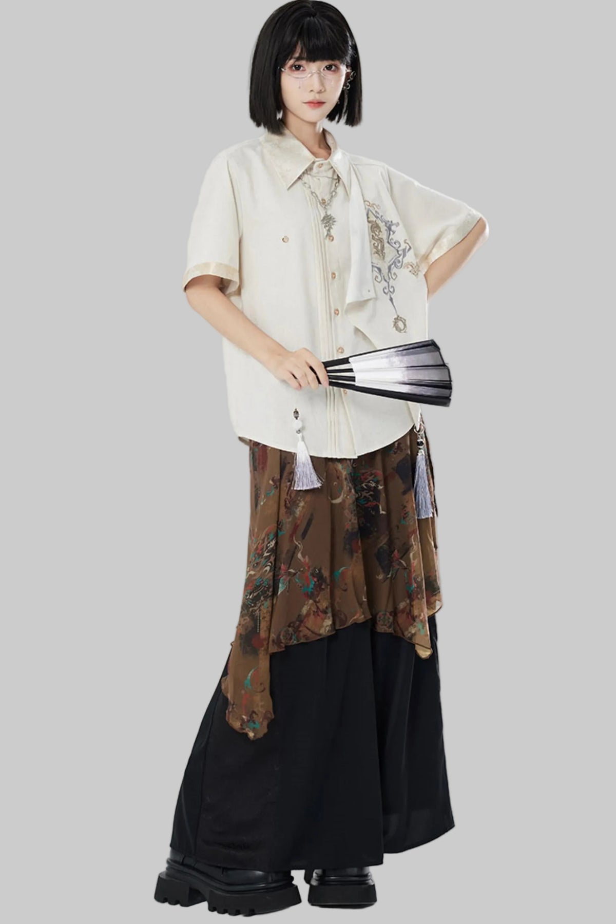 Embroidered Cotton Linen Patchwork Shirt+Pants