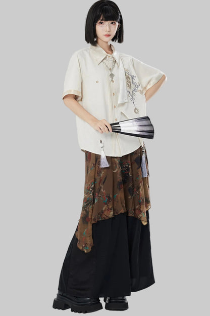 Embroidered Cotton Linen Patchwork Shirt+Pants
