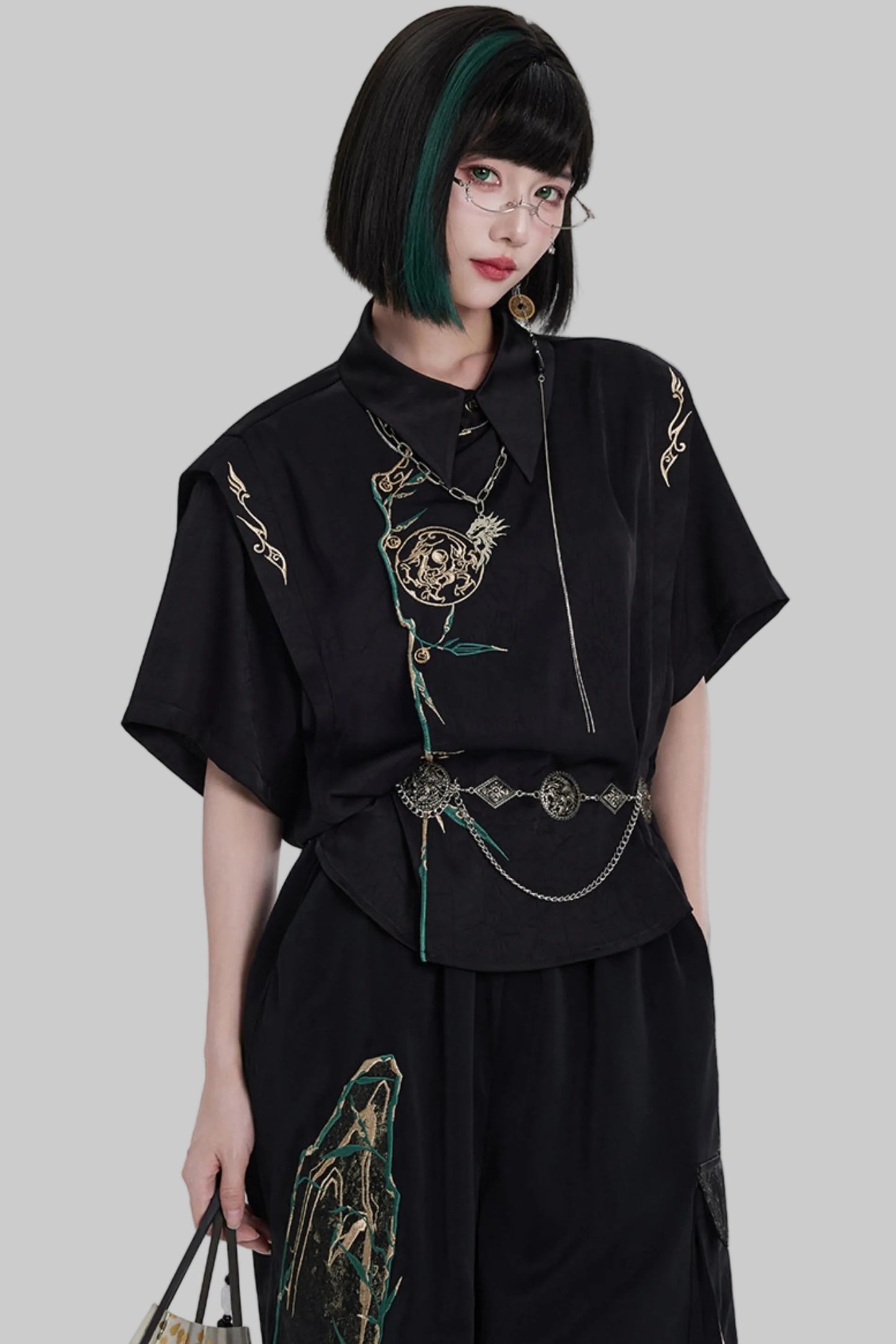Golden Crow Embroidered Blouse Set-Up