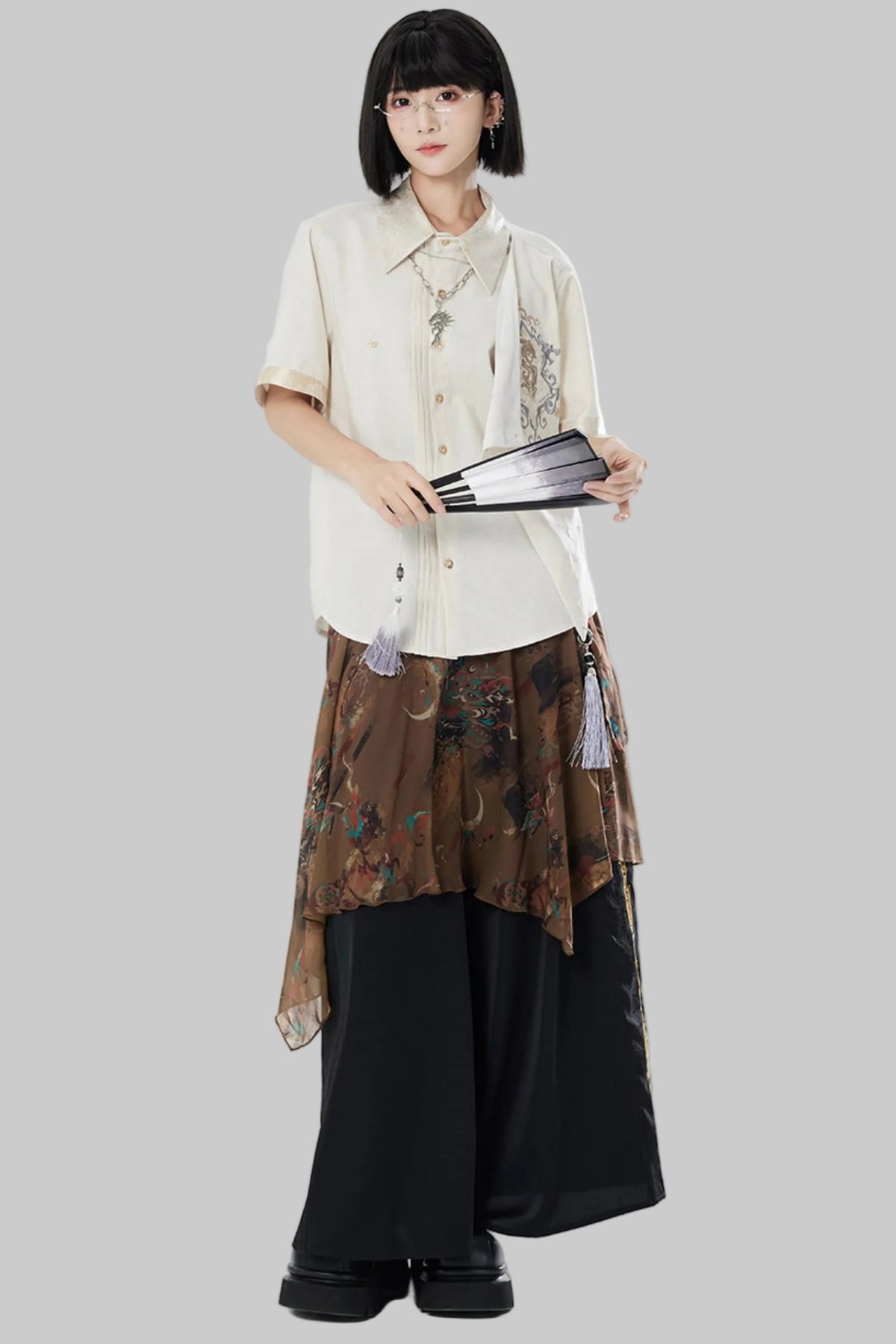 Embroidered Cotton Linen Patchwork Shirt+Pants