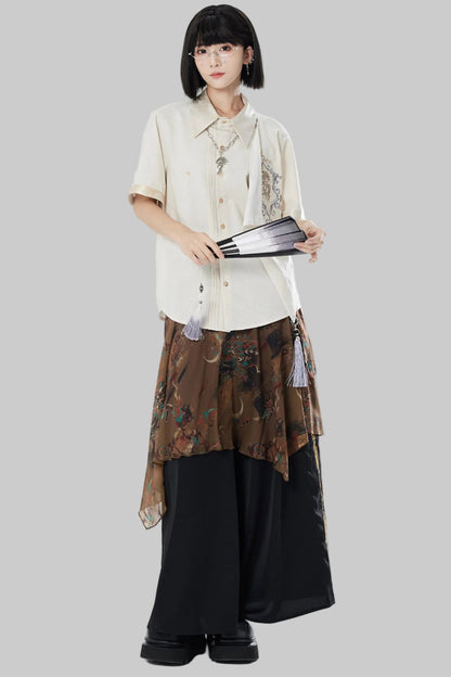 Embroidered Cotton Linen Patchwork Shirt+Pants