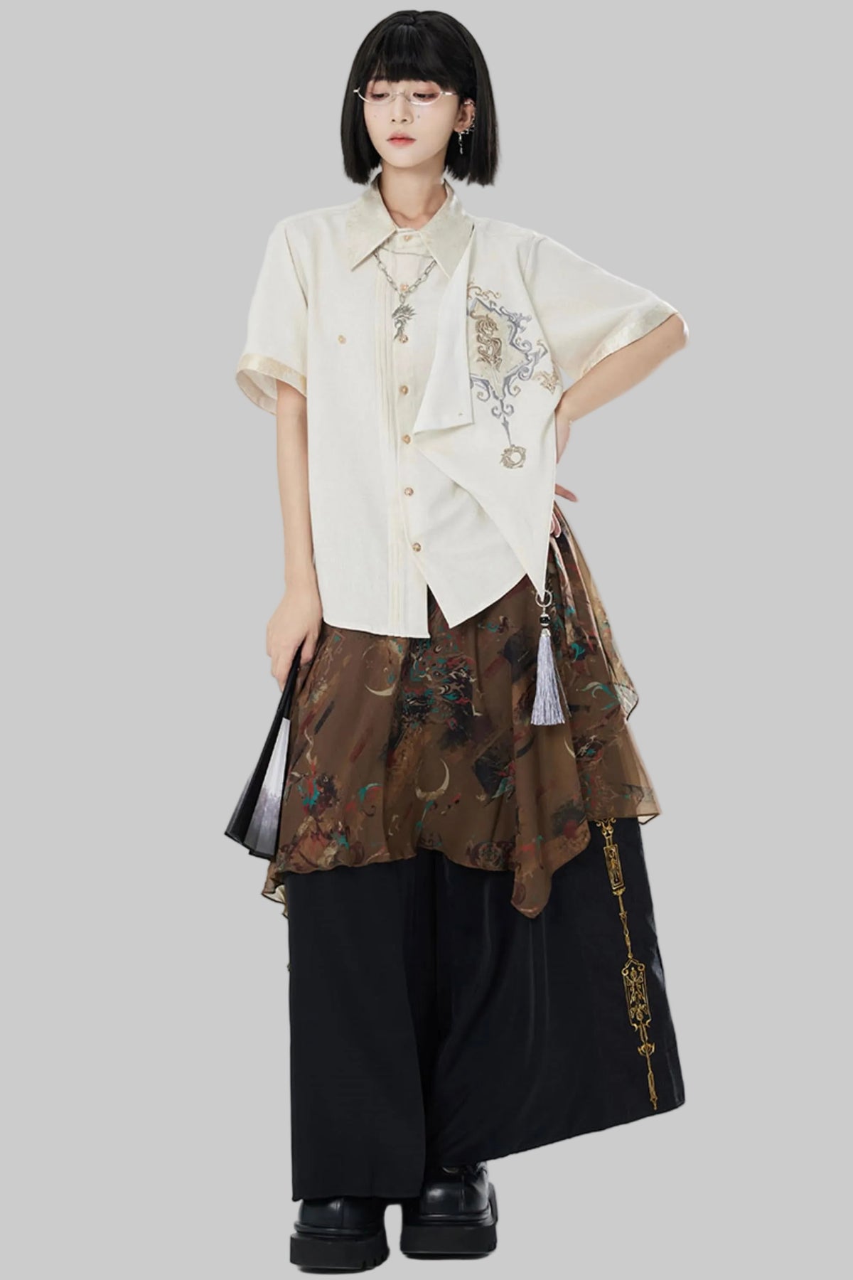 Embroidered Cotton Linen Patchwork Shirt+Pants
