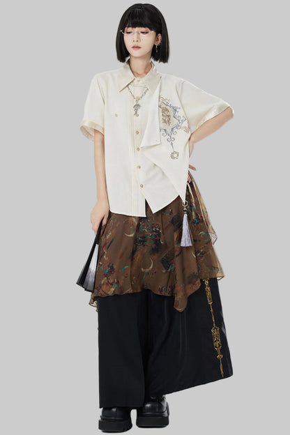 Embroidered Cotton Linen Patchwork Shirt+Pants
