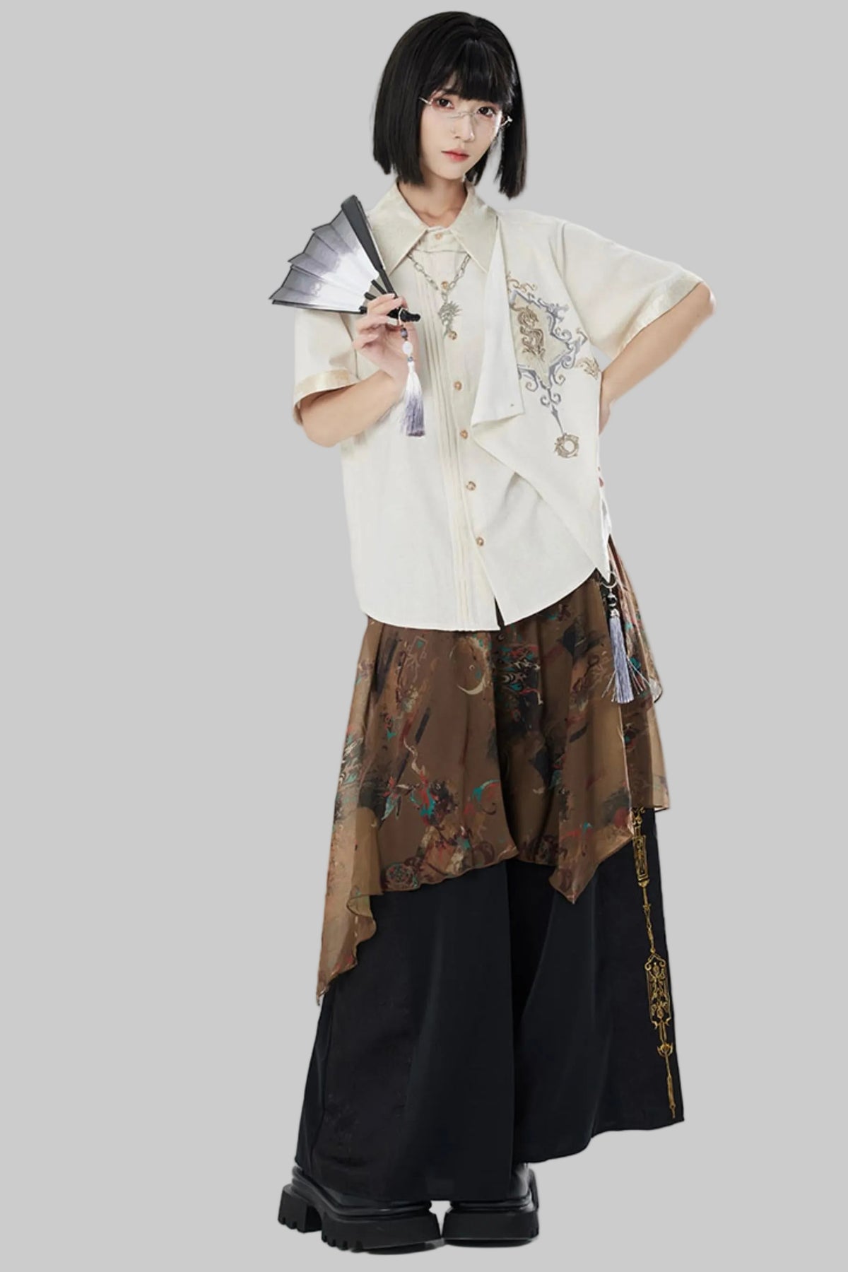 Embroidered Cotton Linen Patchwork Shirt+Pants