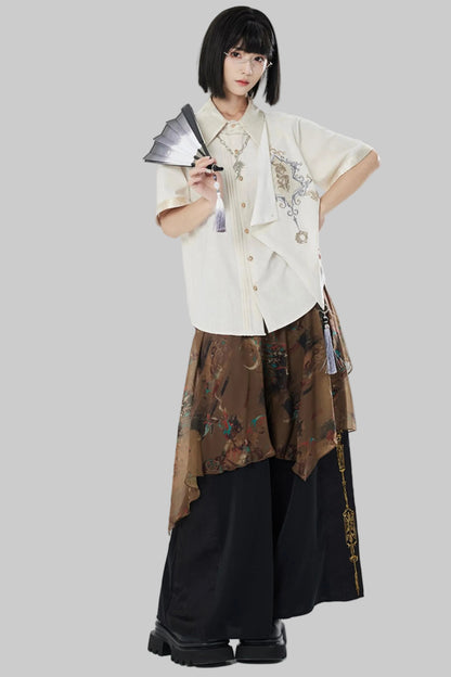Embroidered Cotton Linen Patchwork Shirt+Pants