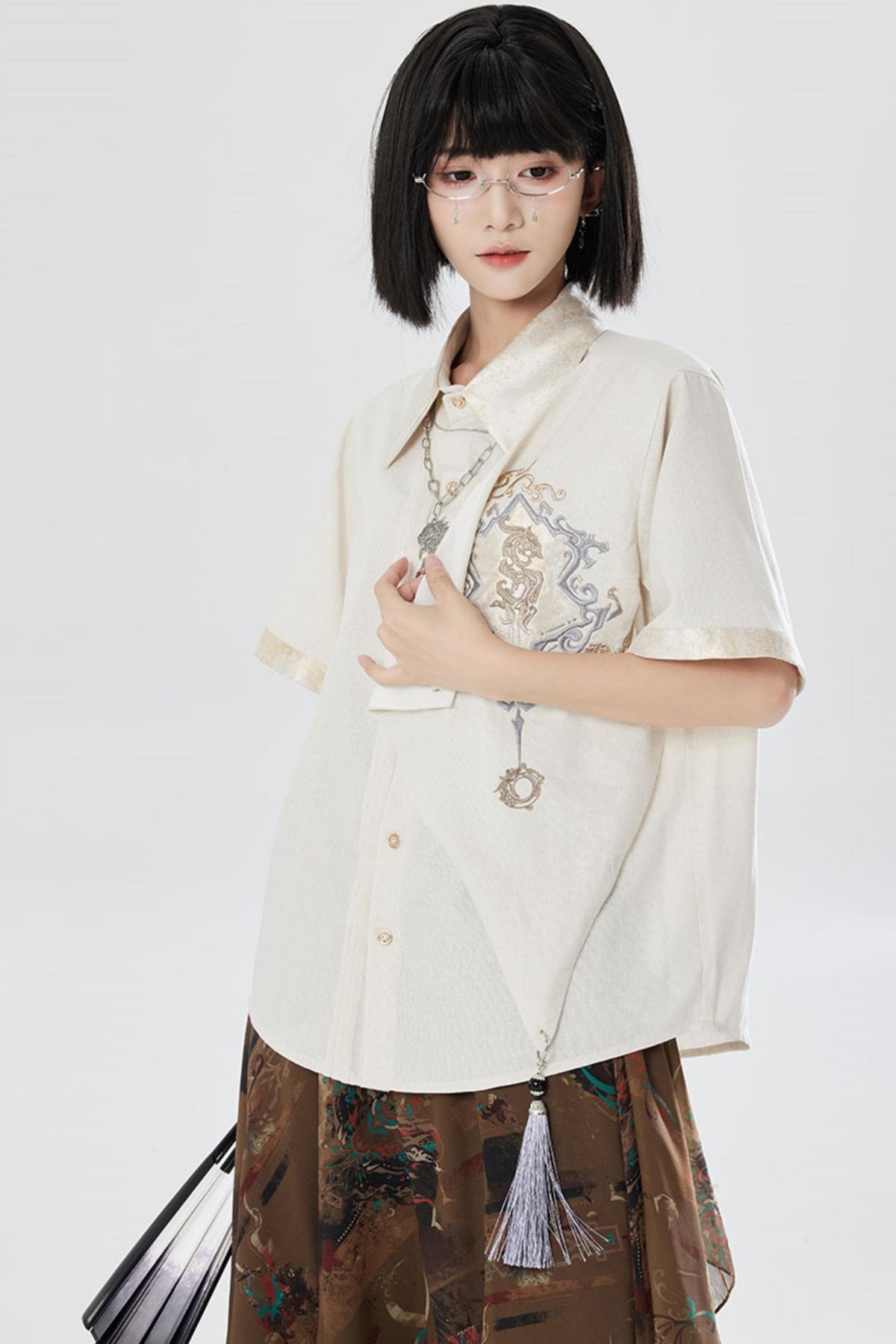 Embroidered Cotton Linen Patchwork Shirt+Pants