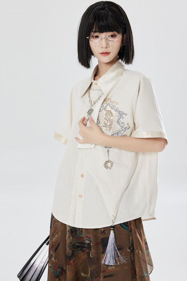 Embroidered Cotton Linen Patchwork Shirt+Pants