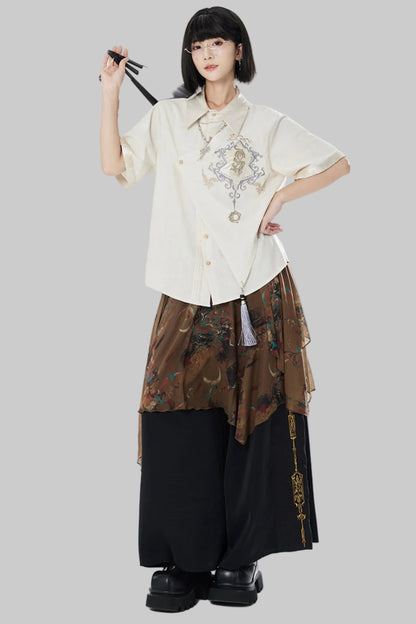 Embroidered Cotton Linen Patchwork Shirt+Pants