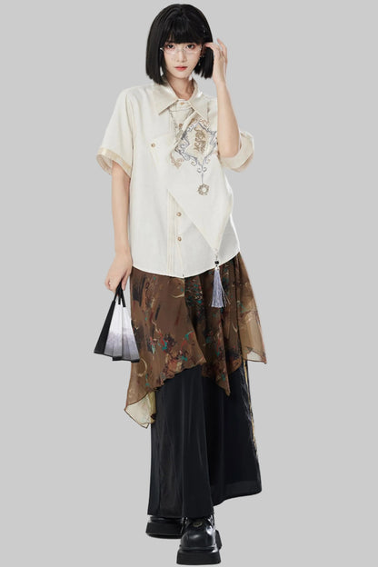 Embroidered Cotton Linen Patchwork Shirt+Pants