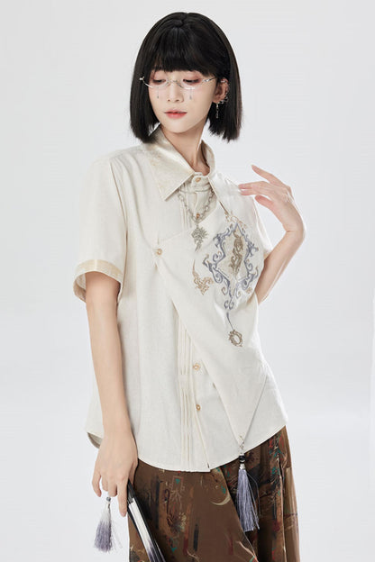 Embroidered Cotton Linen Patchwork Shirt+Pants