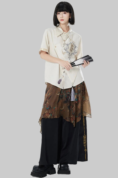 Embroidered Cotton Linen Patchwork Shirt+Pants
