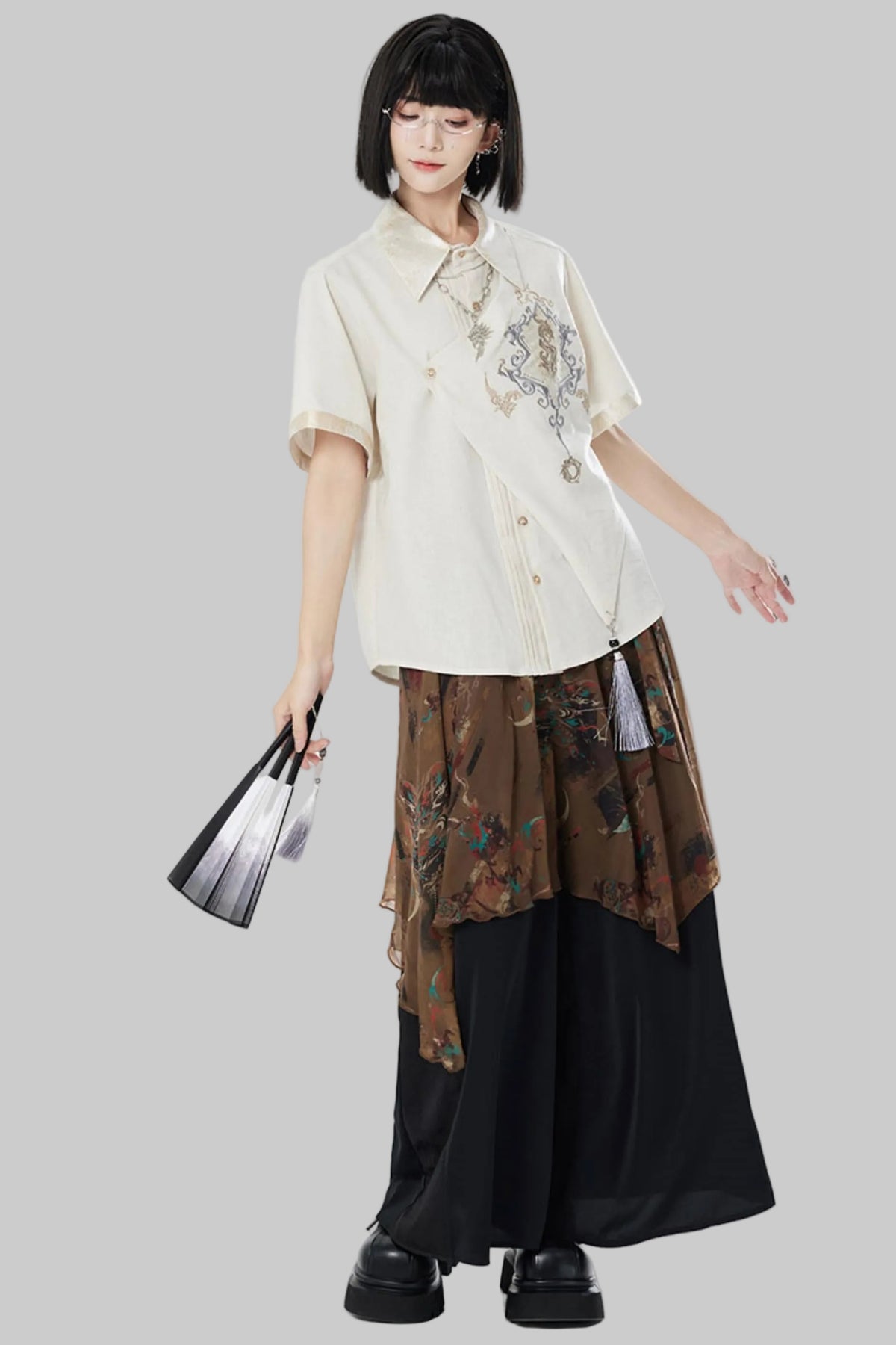 Embroidered Cotton Linen Patchwork Shirt+Pants