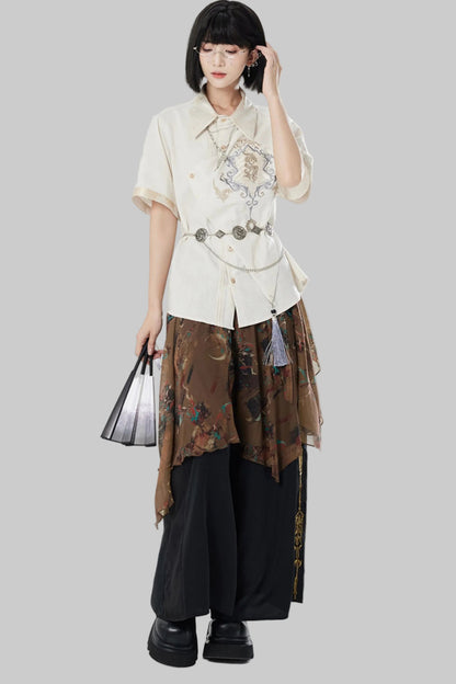 Embroidered Cotton Linen Patchwork Shirt+Pants