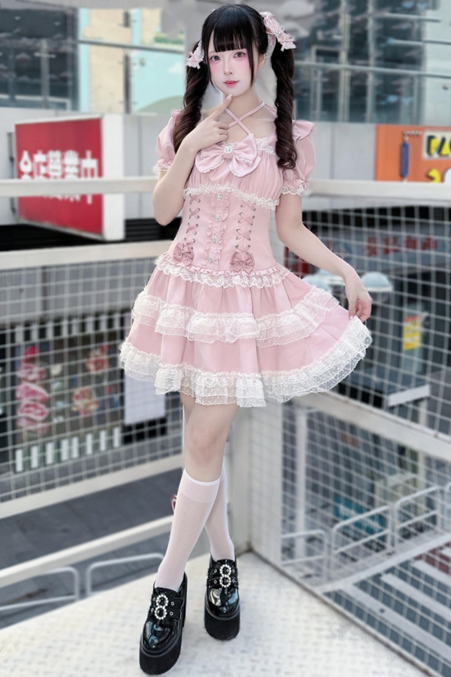 Pink Tiered Lace Halter Cake Dress