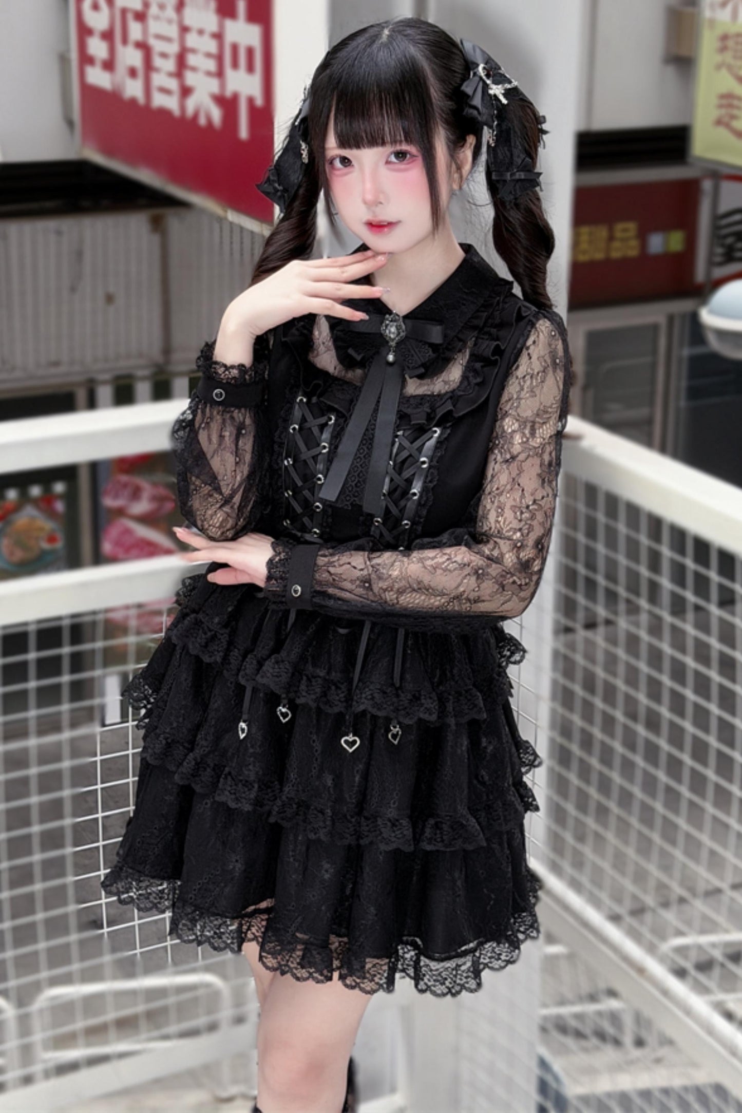 Black Lace Corset Long-Sleeve Dress
