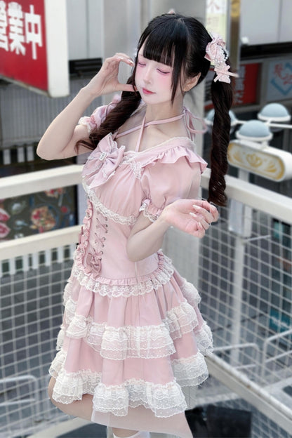 Pink Tiered Lace Halter Cake Dress