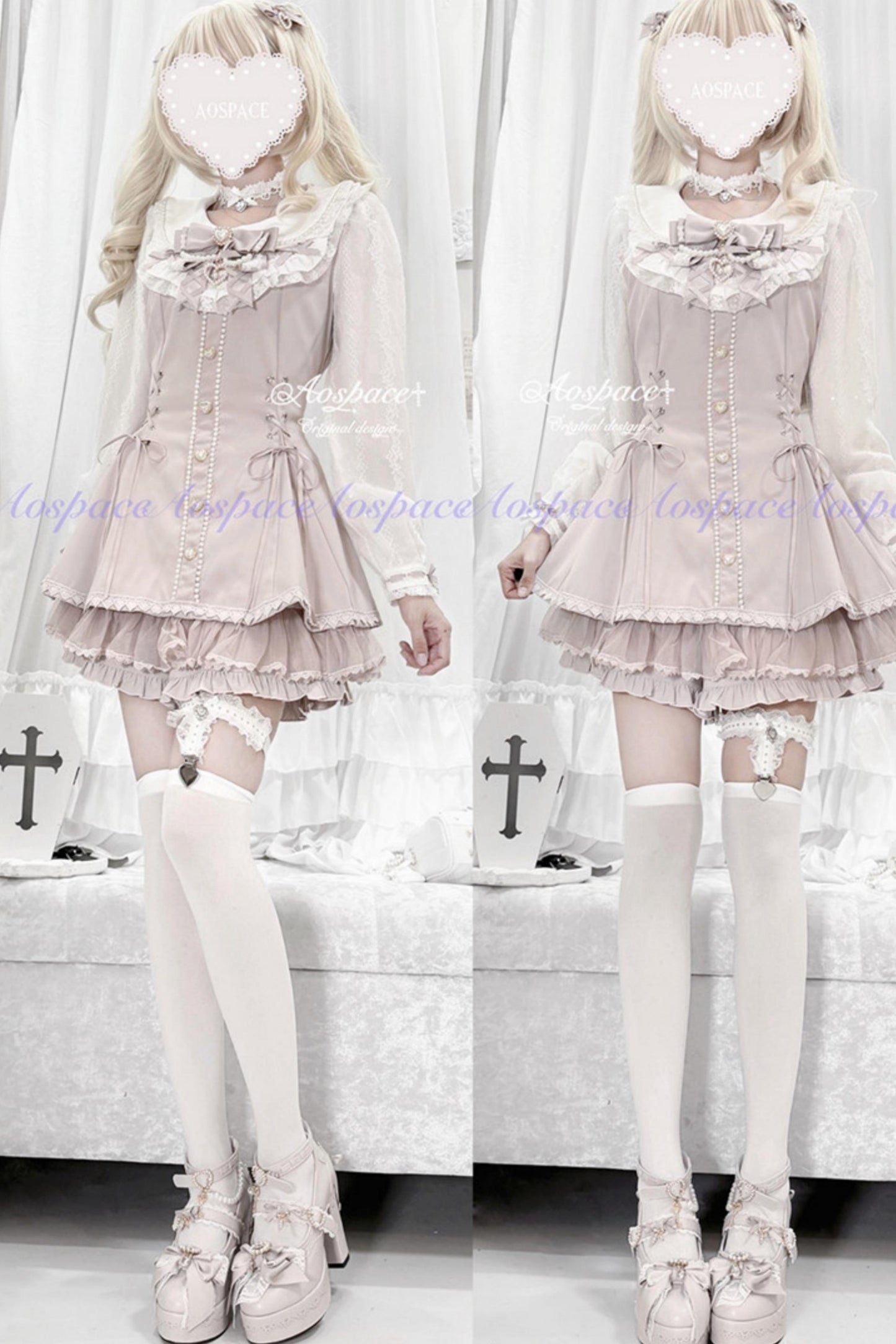 Lace Pearl Collar Long-Sleeve Set
