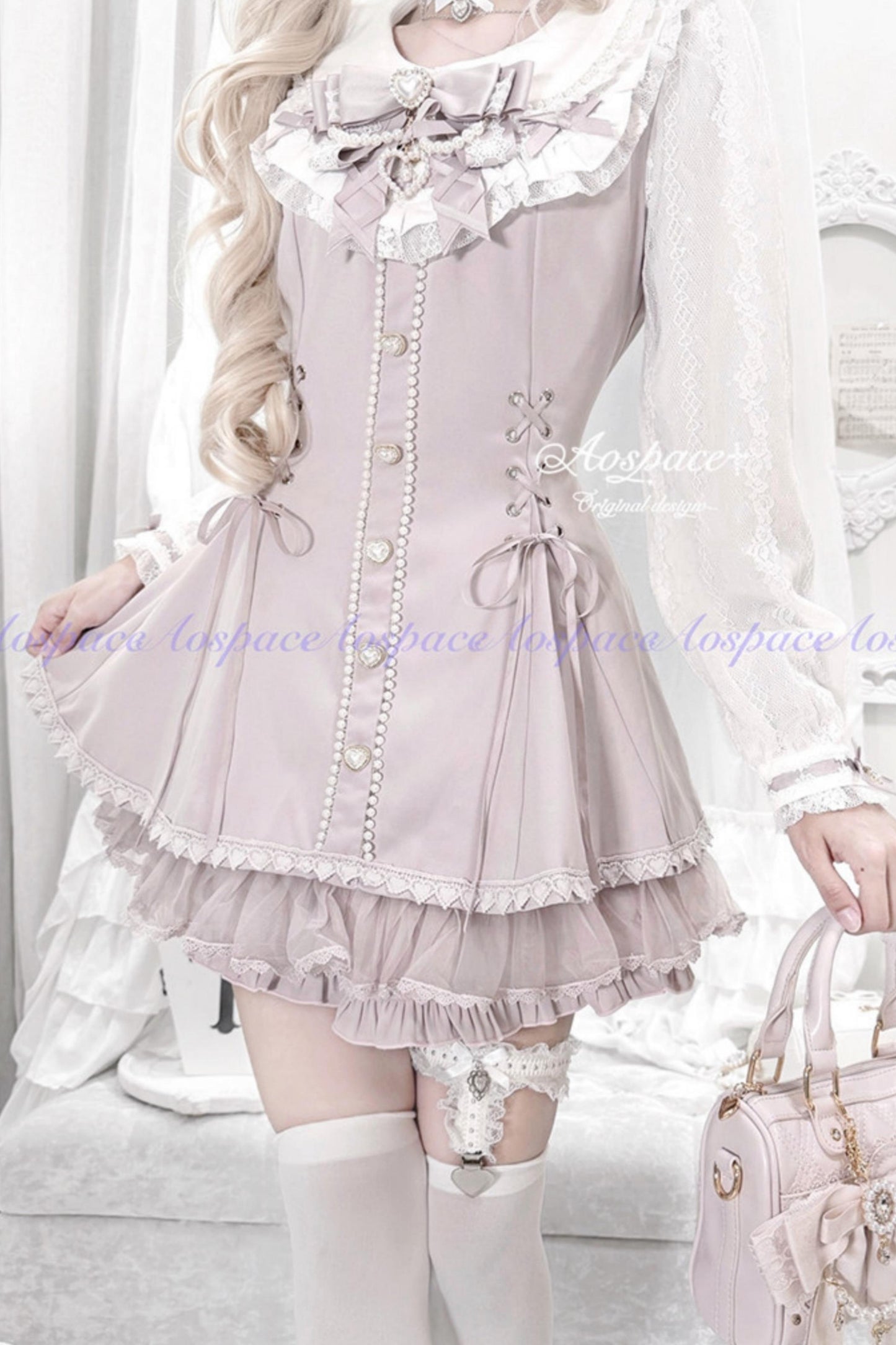 Lace Pearl Collar Long-Sleeve Set