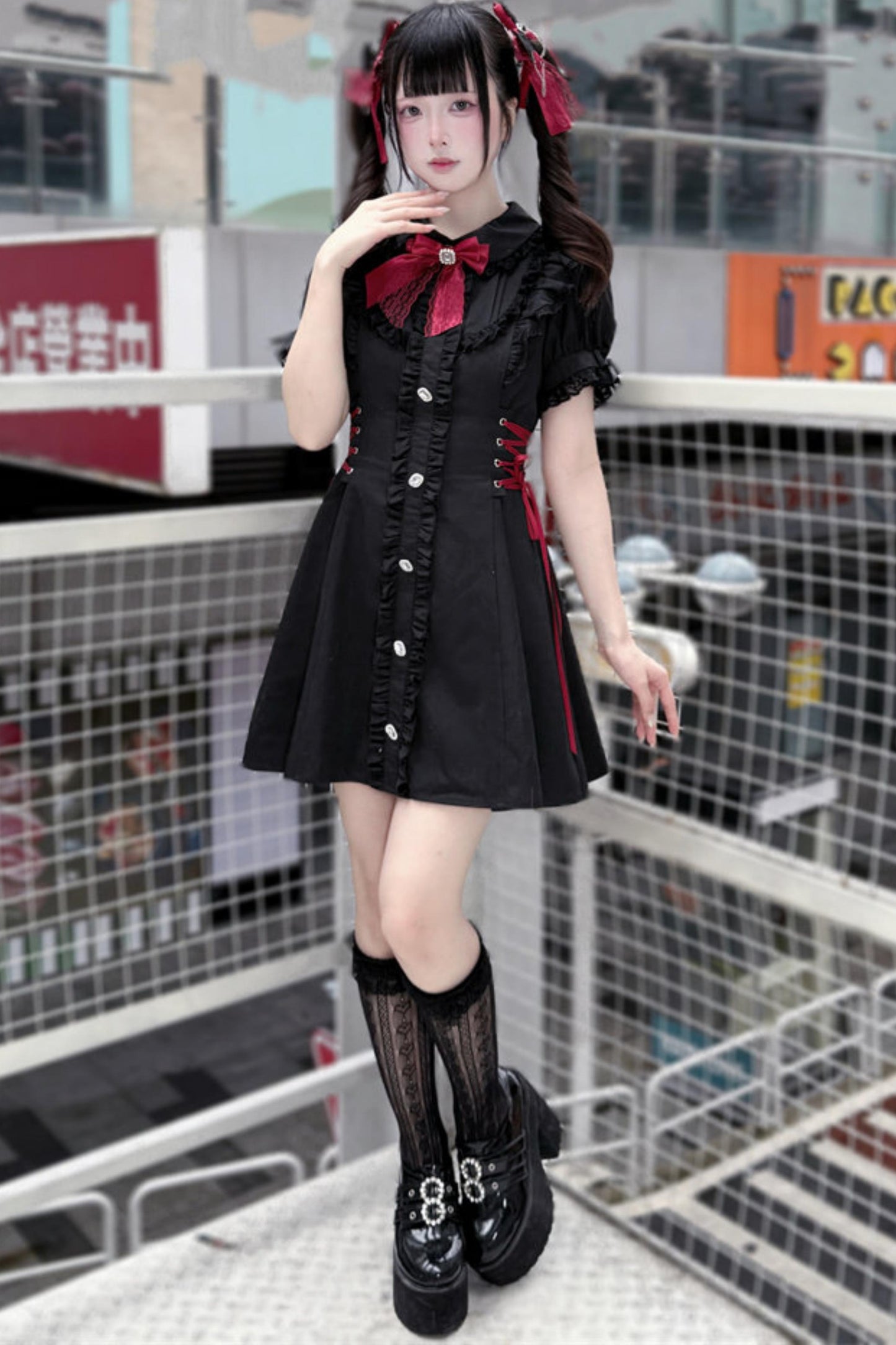 Black Red Lace Side Tie Dress
