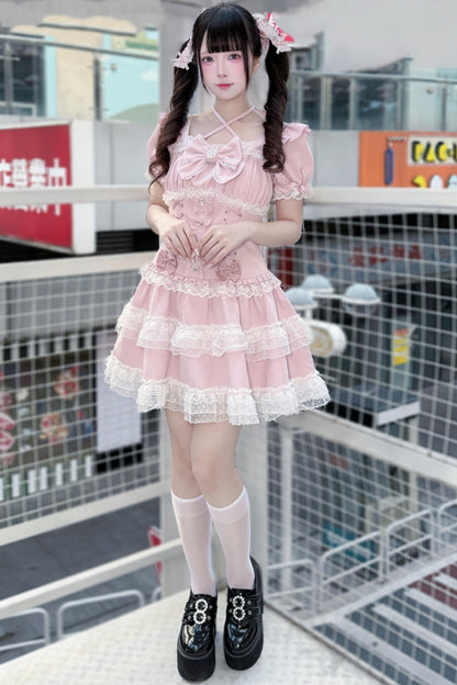 Pink Tiered Lace Halter Cake Dress