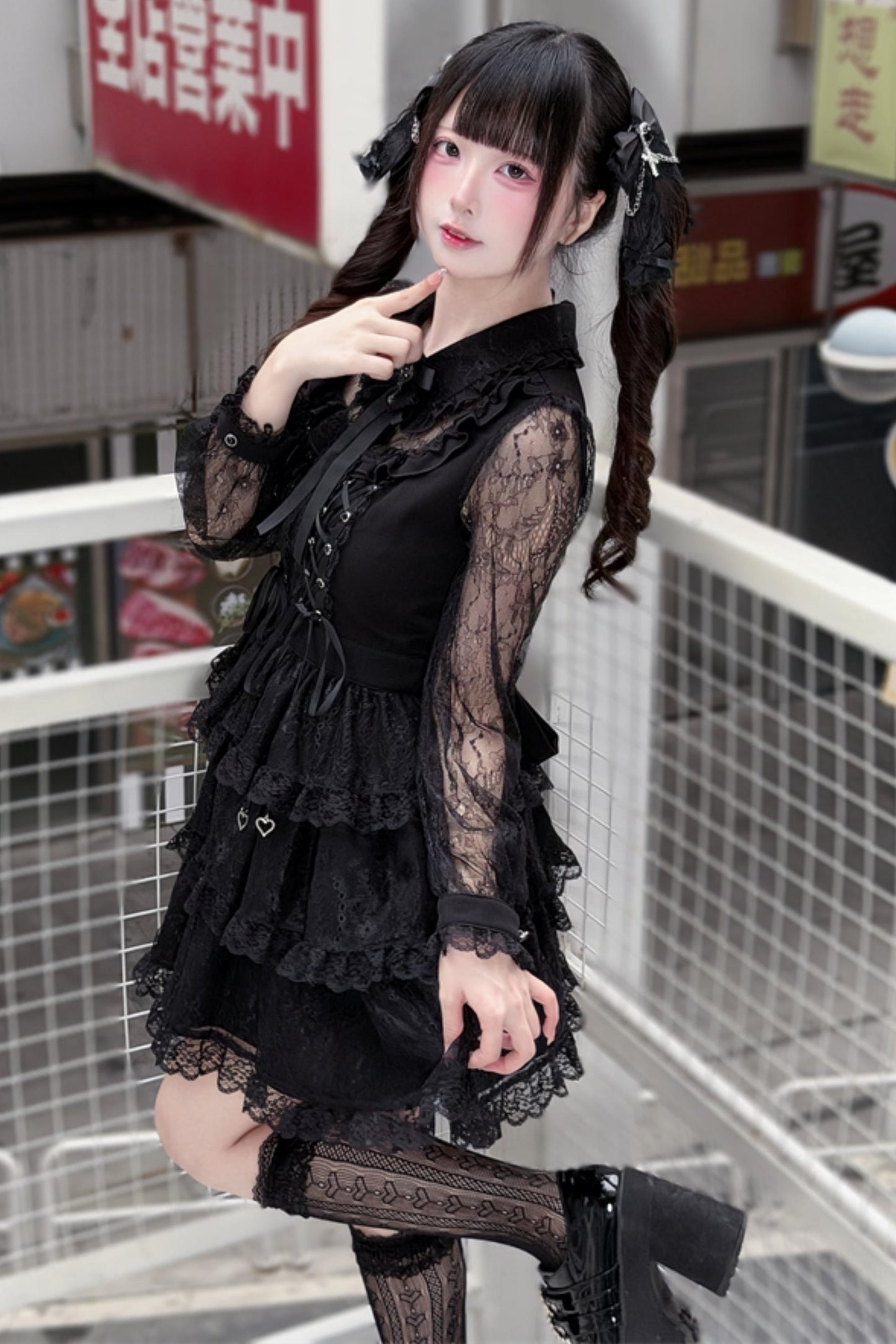 Black Lace Corset Long-Sleeve Dress