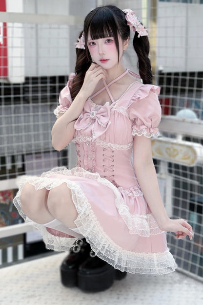 Pink Tiered Lace Halter Cake Dress