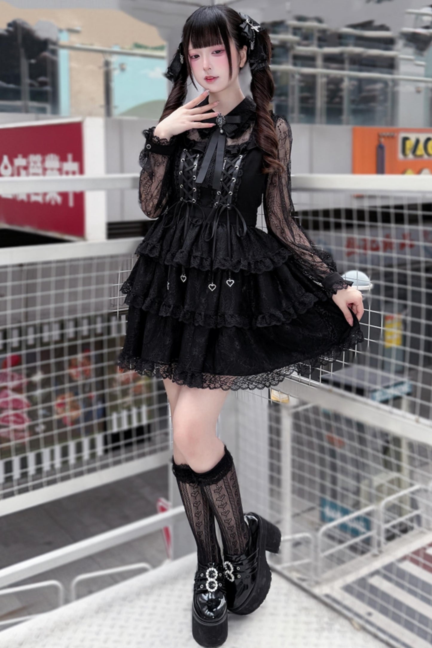 Black Lace Corset Long-Sleeve Dress