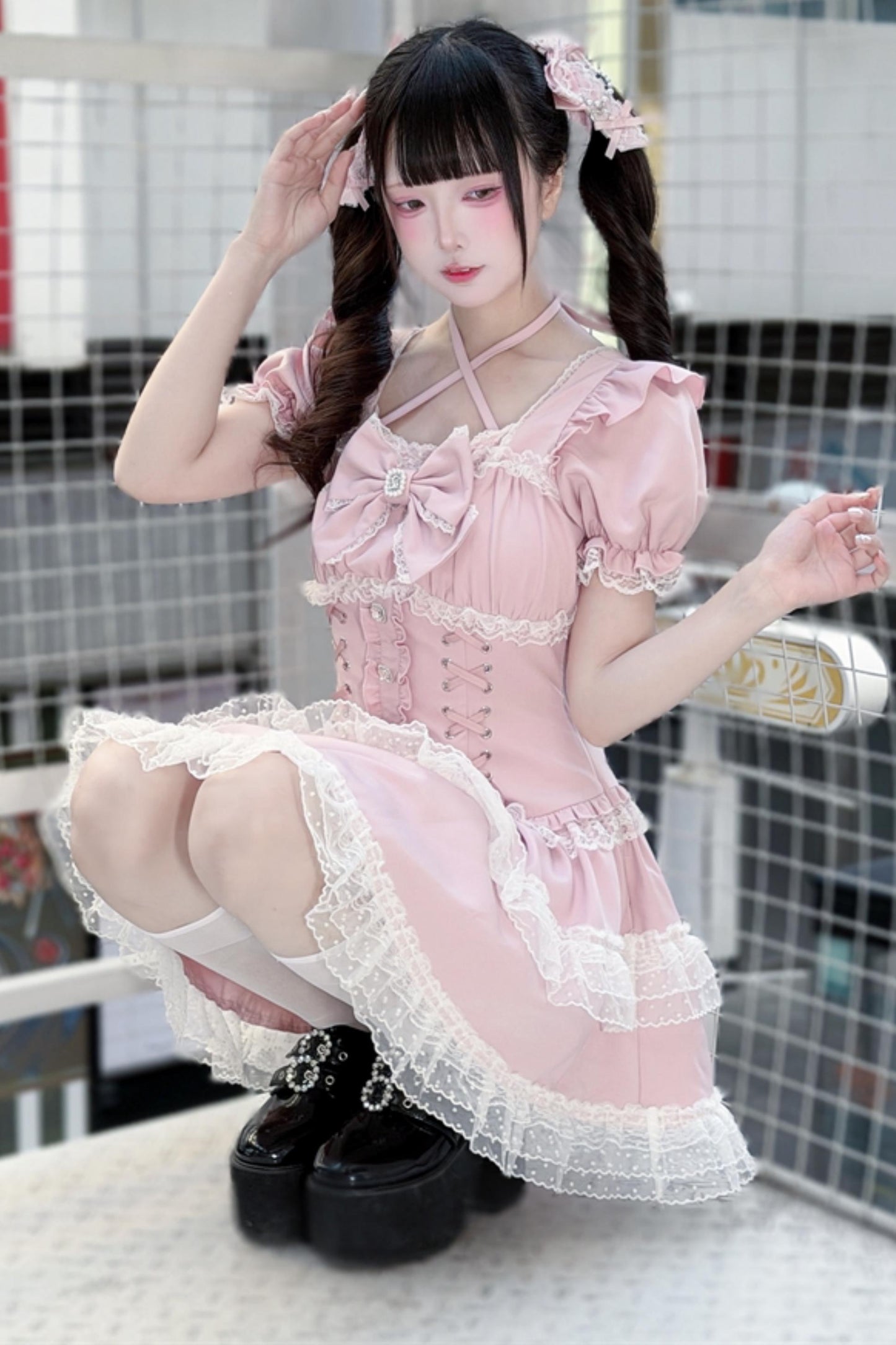 Pink Tiered Lace Halter Cake Dress