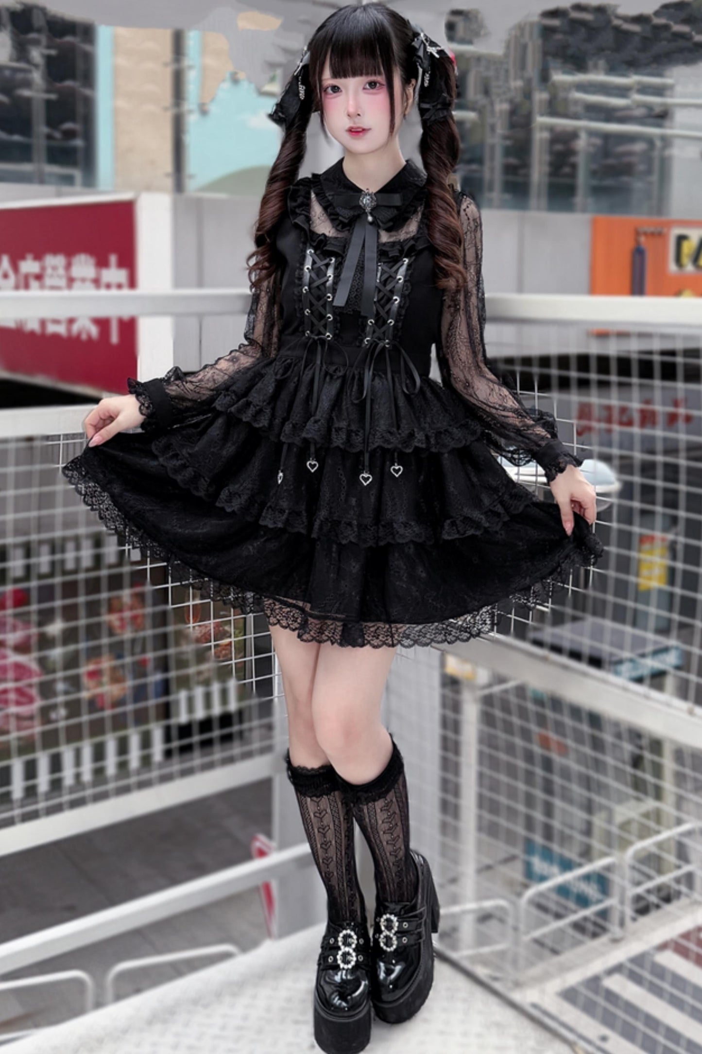 Black Lace Corset Long-Sleeve Dress