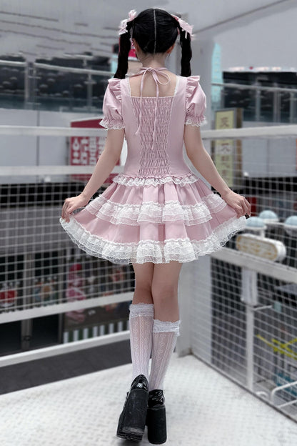Pink Tiered Lace Halter Cake Dress