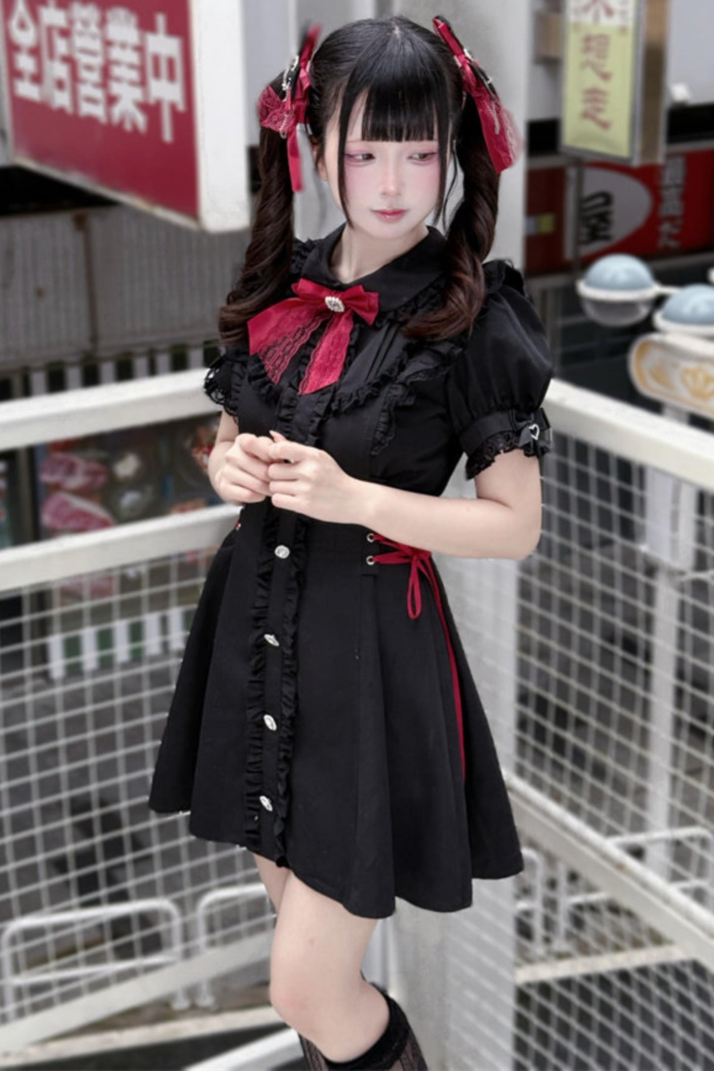 Black Red Lace Side Tie Dress