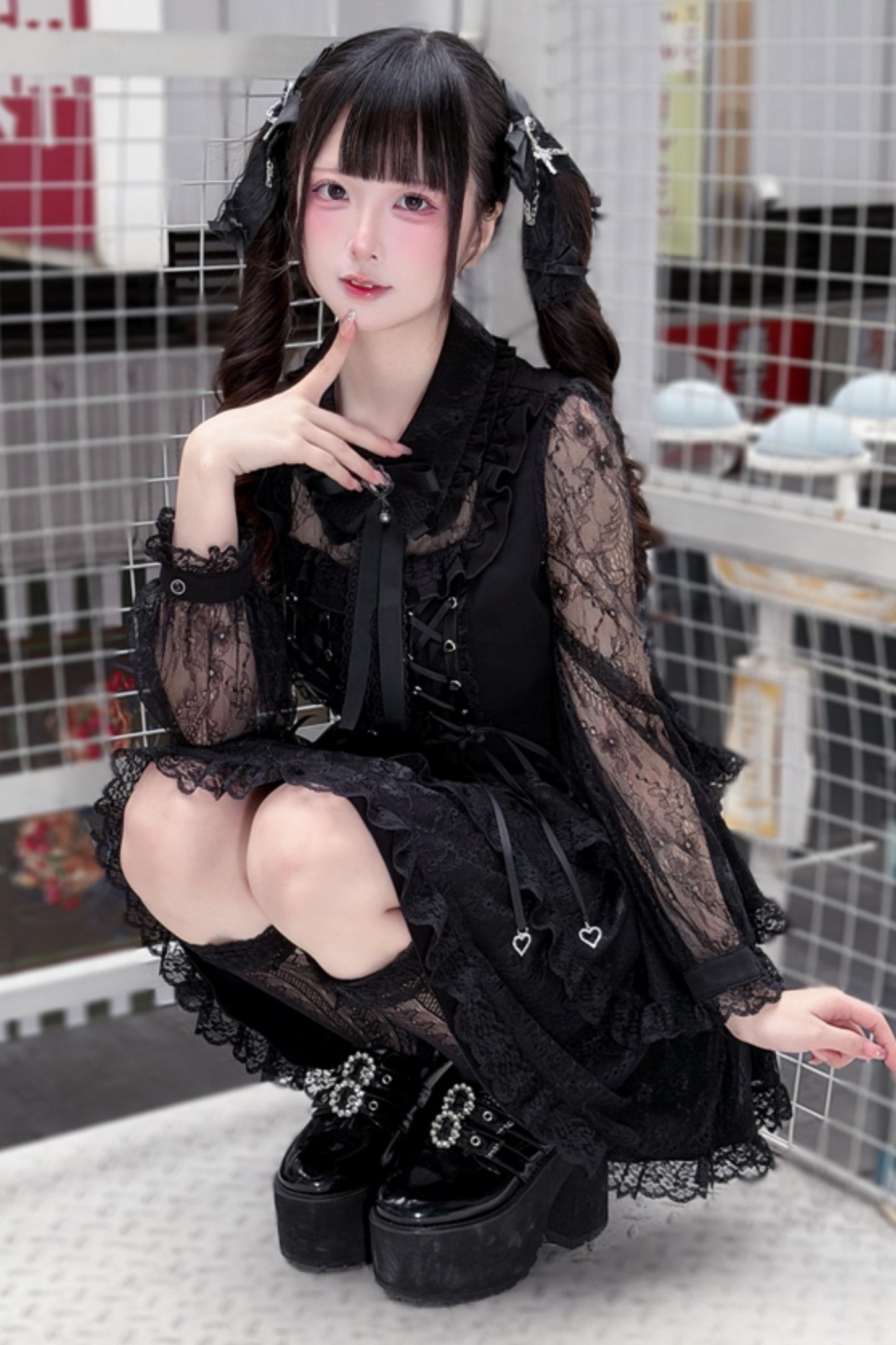 Black Lace Corset Long-Sleeve Dress