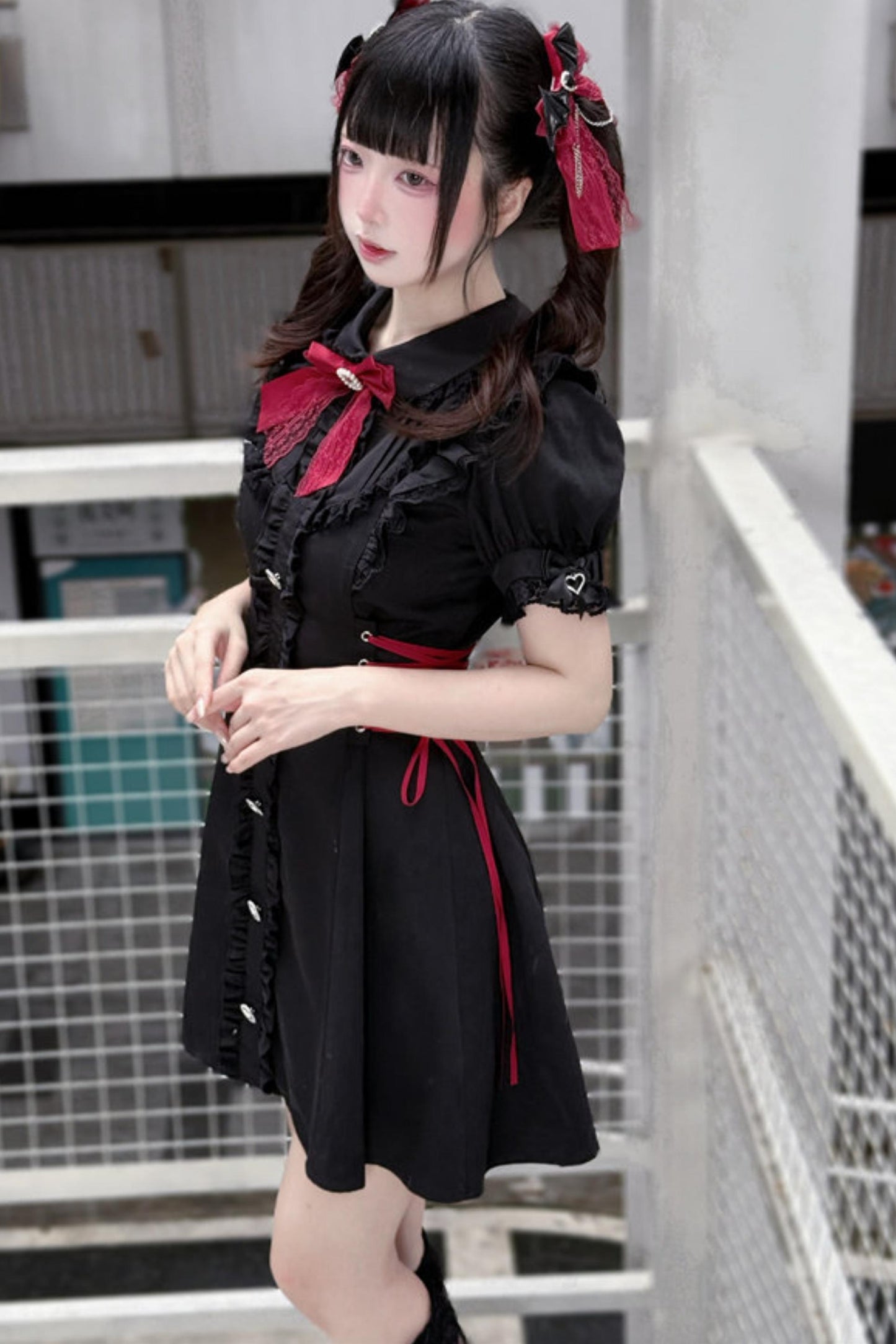 Black Red Lace Side Tie Dress