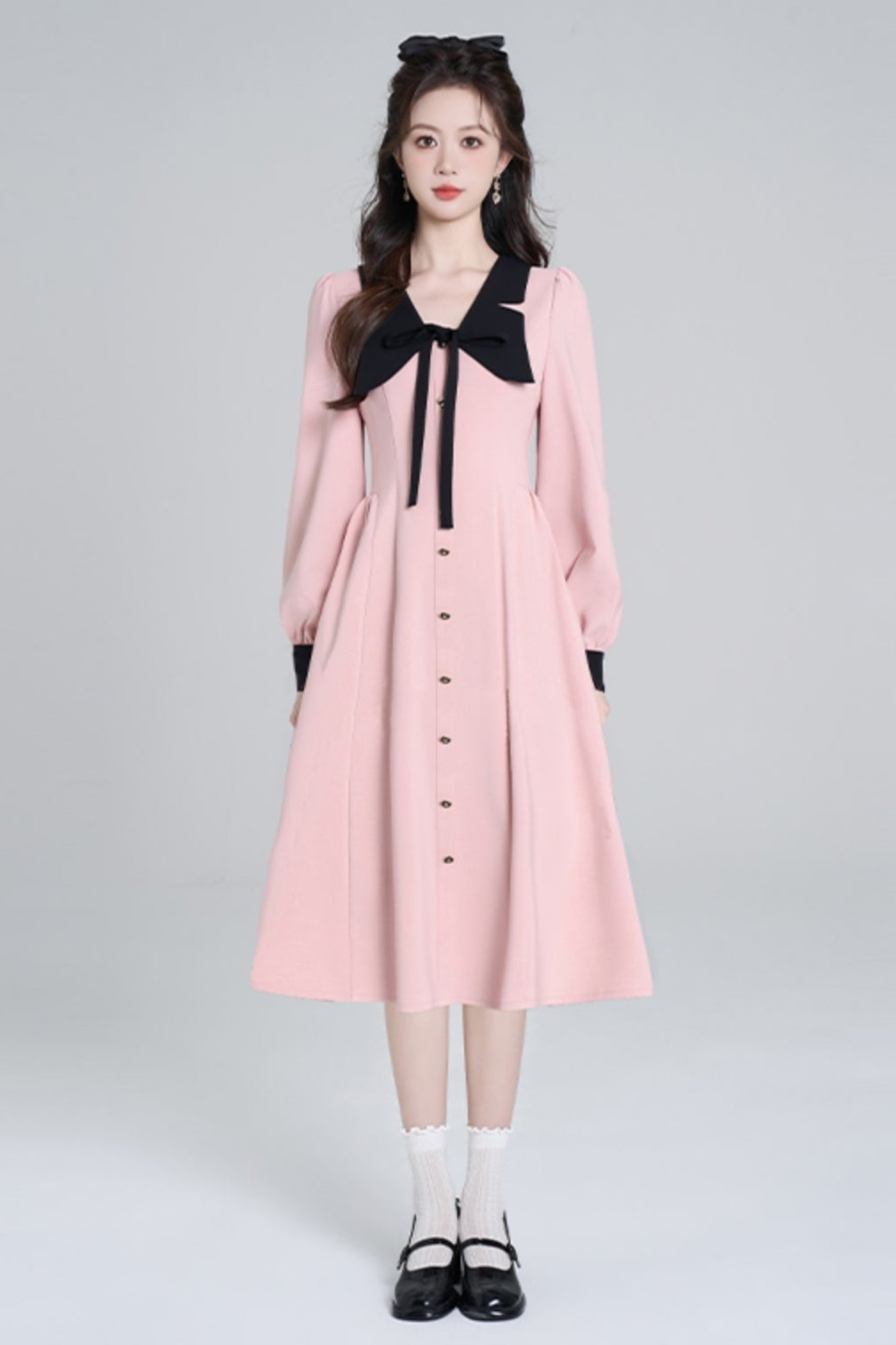 pink doll collar dress Pink Doll Collar Bowknot Long Sleeves High Waisted Ruffled Sweet Lolita OP Dress
