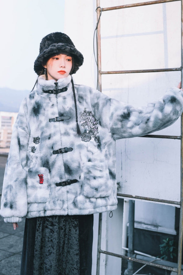 スタンドカラーエンブロイダーファーコート