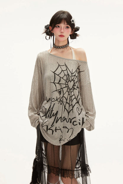 Spiderweb Print Off-Shoulder Tops