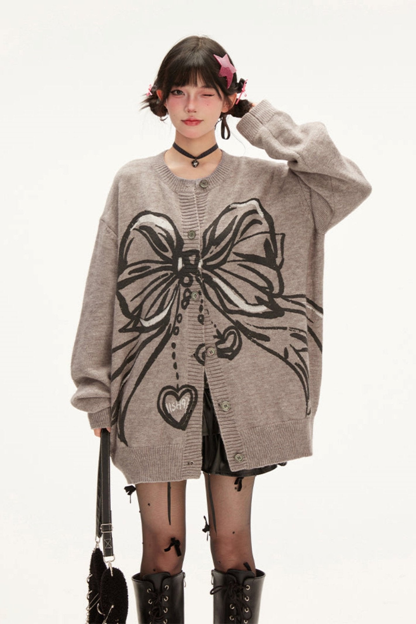 Bow Print Loose Knit Cardigan