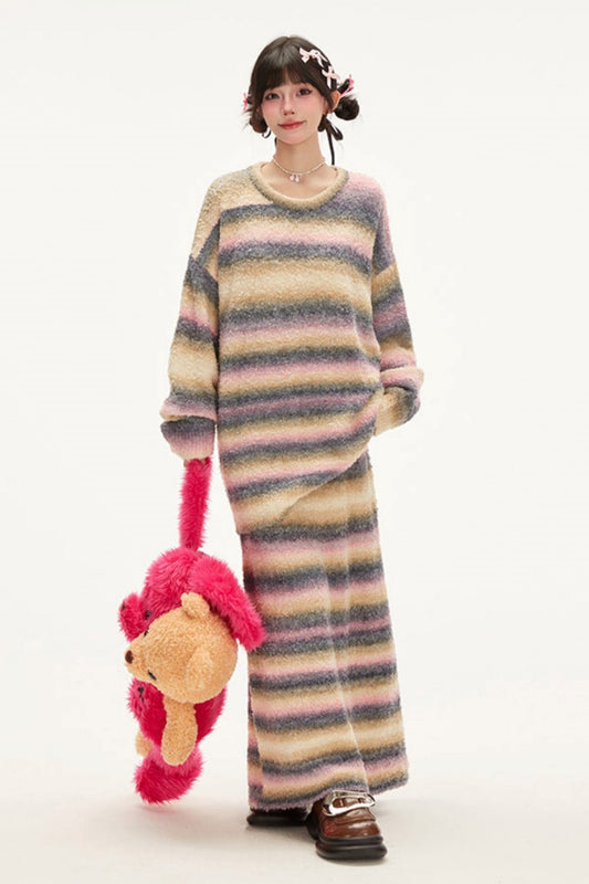 グラデーションストライプニットスカートセット